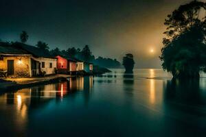 a moonlit night scene with houses on the shore. AI-Generated photo