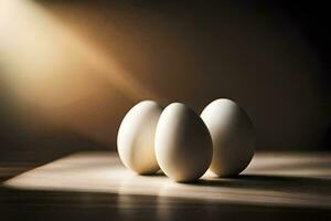 three eggs on a table with light shining on them. AI-Generated photo