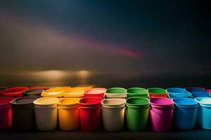 a row of colorful cups lined up against a dark background. AI-Generated photo