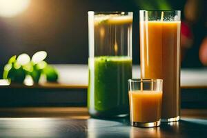 two glasses of juice and a glass of juice. AI-Generated photo