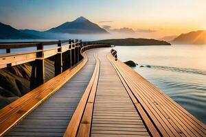 a wooden bridge over the water with mountains in the background. AI-Generated photo