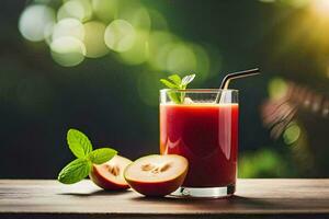 un vaso de jugo con rebanado Fruta y menta hojas. generado por ai foto