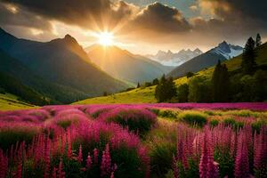 the sun rises over a field of purple flowers in the mountains. AI-Generated photo