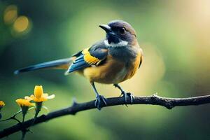 a small bird is sitting on a branch with yellow flowers. AI-Generated photo