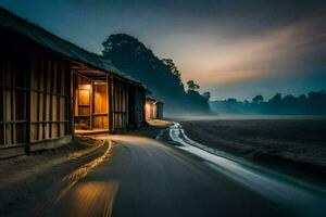 a long exposure photograph of a road at night. AI-Generated photo