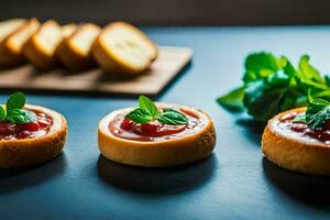 small pies with fruit and mint leaves on a table. AI-Generated photo