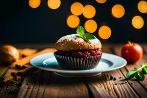 a cupcake with strawberry filling sits on a plate. AI-Generated photo
