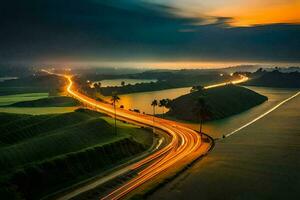 a long exposure photo of a highway at night. AI-Generated