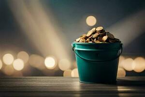 a bucket filled with coins on a wooden table. AI-Generated photo