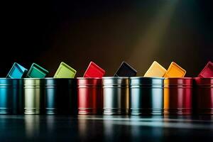 a row of colorful metal cans with a black background. AI-Generated photo