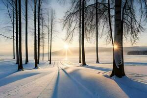 the sun is shining through the trees in a snowy forest. AI-Generated photo