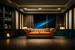 a leather couch in a dark room. AI-Generated photo