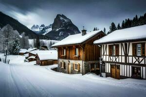 a snowy road in front of a mountain village. AI-Generated photo