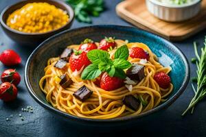 spaghetti with strawberries and chocolate. AI-Generated photo