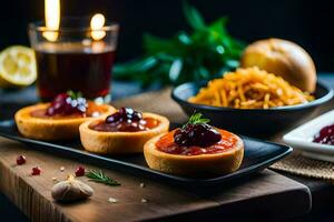 small pies with cranberries and other ingredients on a table. AI-Generated photo