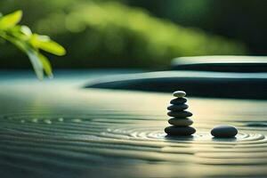 un apilar de piedras en el agua con un verde planta. generado por ai foto