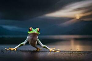 a frog on the beach with a dark sky in the background. AI-Generated photo