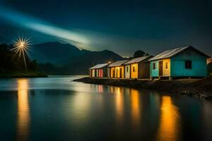 a row of colorful houses on the shore of a lake at night. AI-Generated photo