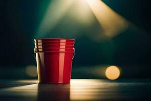 a red plastic cup sitting on a table in front of a spotlight. AI-Generated photo