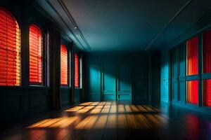 un habitación con rojo y azul paredes y de madera pisos generado por ai foto
