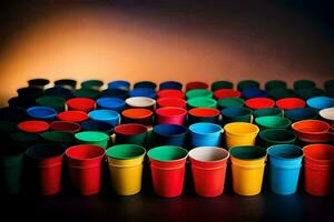 many colorful plastic cups are arranged in a row. AI-Generated photo