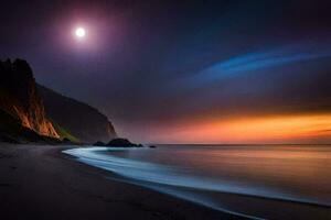 el Luna es brillante terminado el Oceano y un acantilado. generado por ai foto