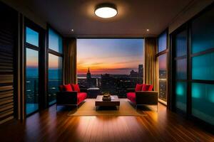 a living room with a view of the city at sunset. AI-Generated photo