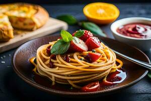 spaghetti with strawberries and tomato sauce on a wooden table. AI-Generated photo