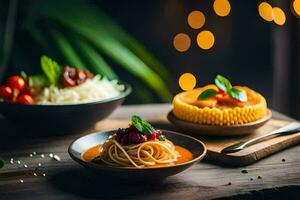 spaghetti with tomato sauce and vegetables on a wooden table. AI-Generated photo