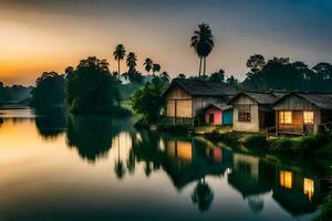 photo wallpaper the sky, water, house, the village, the river, the sunset, the. AI-Generated