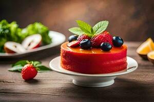 a red cake with berries and mint leaves. AI-Generated photo