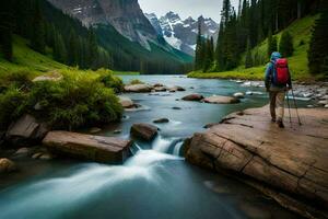 a man with backpack standing on rocks near a river. AI-Generated photo