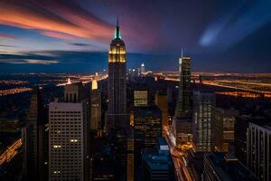 the empire state building is lit up at night. AI-Generated photo