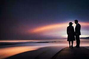 a couple standing on a pier looking at the ocean. AI-Generated photo