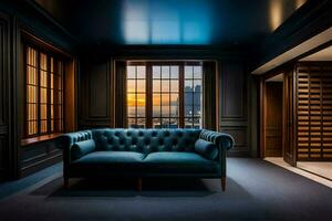 a blue couch in a room with a view of the sunset. AI-Generated photo