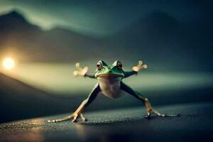 a frog is standing on the ground with its legs spread. AI-Generated photo