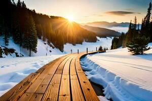 a wooden boardwalk leads to the sun in the snow. AI-Generated photo