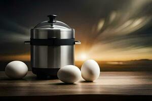 an egg cooker and four eggs on a table. AI-Generated photo