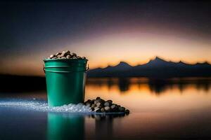 a bucket of fish in the water with mountains in the background. AI-Generated photo