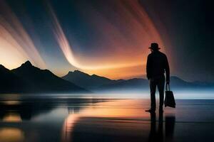 a man standing in front of a lake with a suitcase. AI-Generated photo