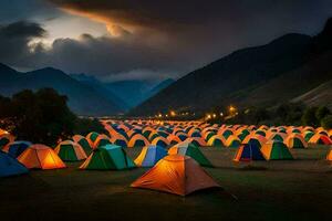 many tents are lit up in the dark at night. AI-Generated photo