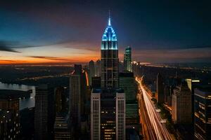 the empire state building is lit up in blue and white. AI-Generated photo