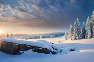 a snowy landscape with trees and rocks. AI-Generated photo