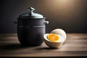 an egg and a pot with an orange. AI-Generated photo