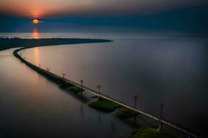 the sun sets over a bridge over water. AI-Generated photo