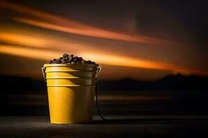 a bucket of coffee beans on a table in front of a sunset. AI-Generated photo