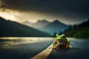 a frog sitting on the road in front of mountains. AI-Generated photo