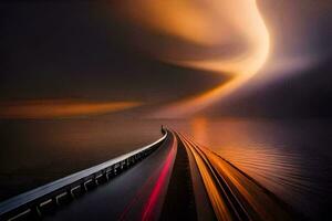 a long exposure photograph of a road with a long streak of light. AI-Generated photo