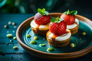 three mini cupcakes with strawberries on top. AI-Generated photo