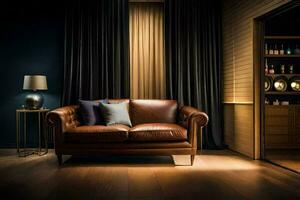 a leather couch in a dark room. AI-Generated photo